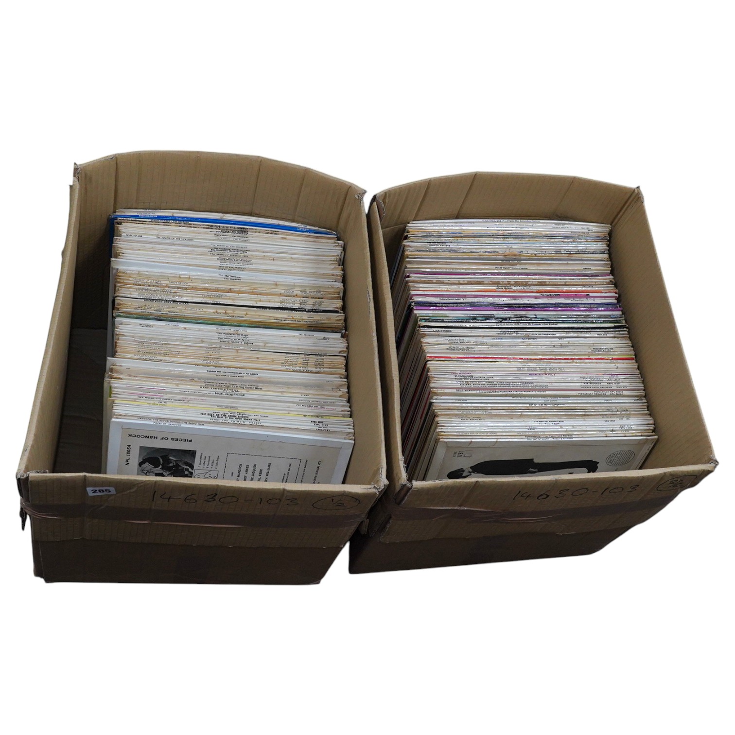 Two boxes of LP record albums, including some compilations, comedy, etc., artists include; Adam Faith, Gino Washington, Joe Cocker, the Goons, Spike Milligan, Che Atkins, Duane Eddy, Floyd Cramer, the Shadows, etc. Condi